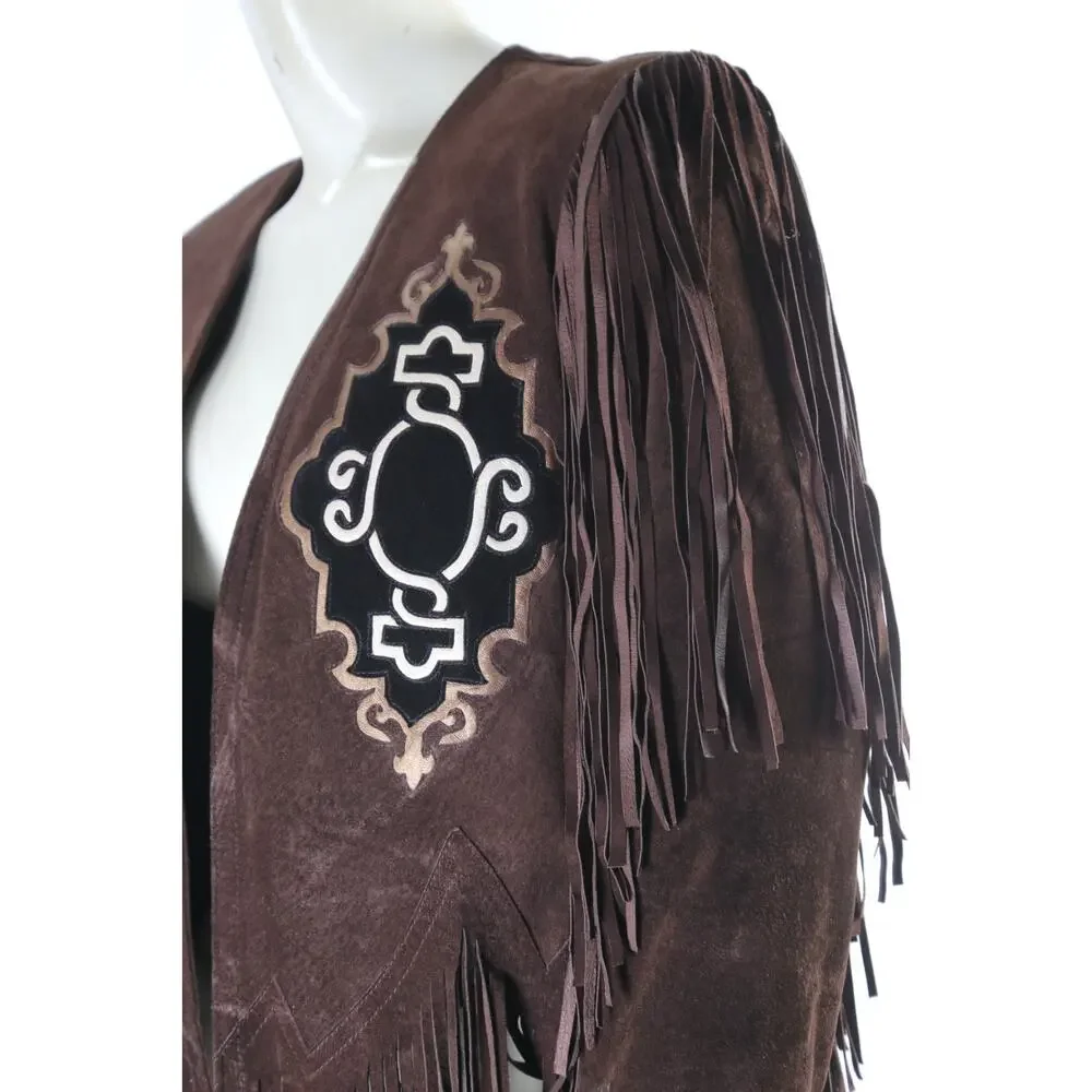 Vintage Brown Suede Fringe Western Jacket XS Boho Embroidered Statement Piece - Picture 6 of 16